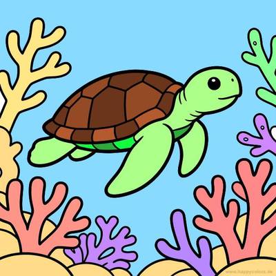 Version coloriée : Tortue de mer dans un récif corallien