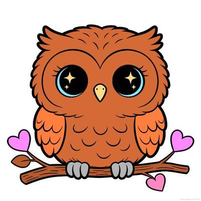 Version coloriée : Chouette kawaii sur une branche en cœur