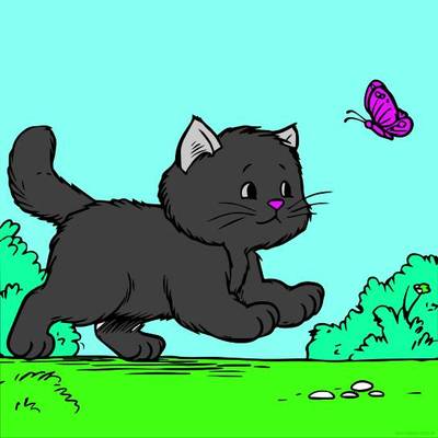 Ausgemalte Version: Katze jagt einen Schmetterling