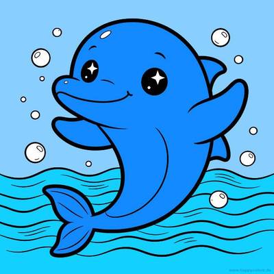 Version coloriée : Dauphin kawaii nageant avec des bulles