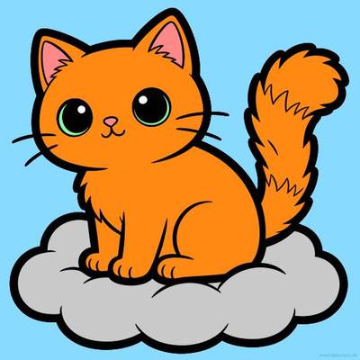 Ausgemalte Version: Kawaii-Katze auf einer Wolke