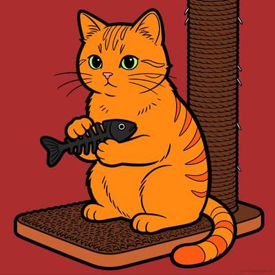 Ausgemalte Version: Katze mit Fischgräte am Kratzbaum