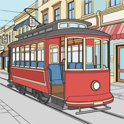 Version coloriée : Tramway ancien dans une rue commerçante