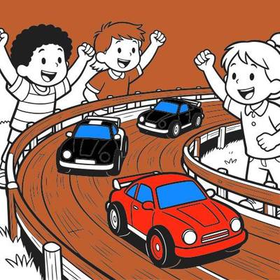 Colored version: Cartoon toy car race with cheering kids
