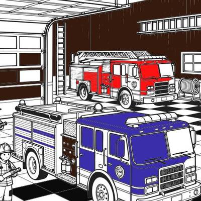 Ausgemalte Version: Detailreiche Feuerwache mit Feuerwehrfahrzeugen
