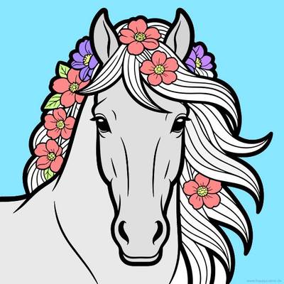 Ausgemalte Version: Pferdeporträt mit Blumen