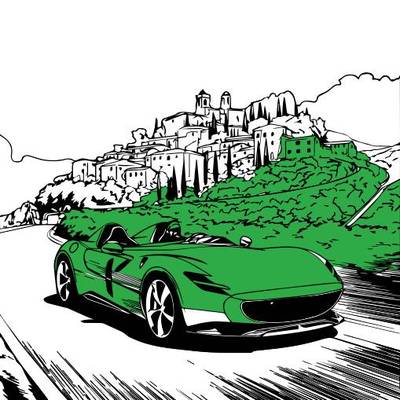 Version coloriée : Voiture de sport sur une route pittoresque