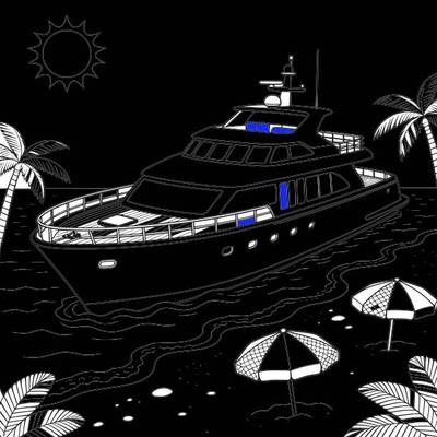 Ausgemalte Version: Detailreiche Yacht am sonnigen Strand