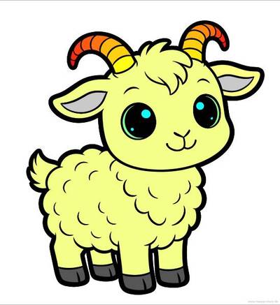 Ausgemalte Version: Kawaii-Ziege mit flauschigem Fell
