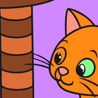 Ausgemalte Version: Katze am Kratzbaum mit Fischspielzeug