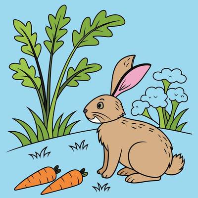 Ausgemalte Version: Hase im Karottengarten