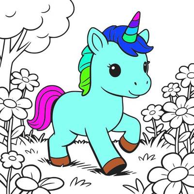 Version coloriée : Bébé licorne dans un jardin fleuri