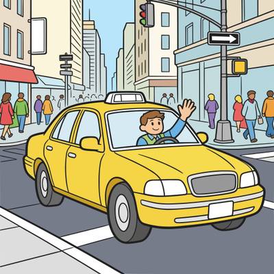 Colored version: Taxi in a busy square with waving driver