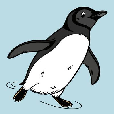 Ausgemalte Version: Pinguin rutscht auf dem Bauch