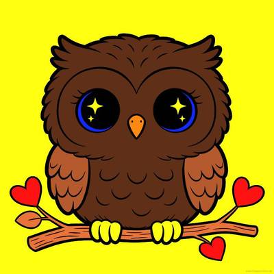 Version coloriée : Chouette kawaii sur une branche en cœur