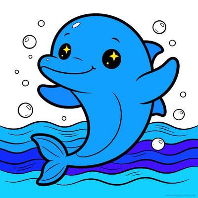 Version coloriée : Dauphin kawaii nageant avec des bulles