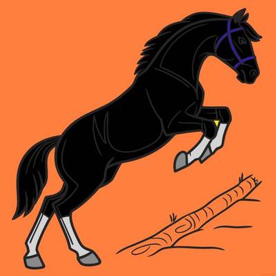 Ausgemalte Version: Pferd springt über einen Baumstamm