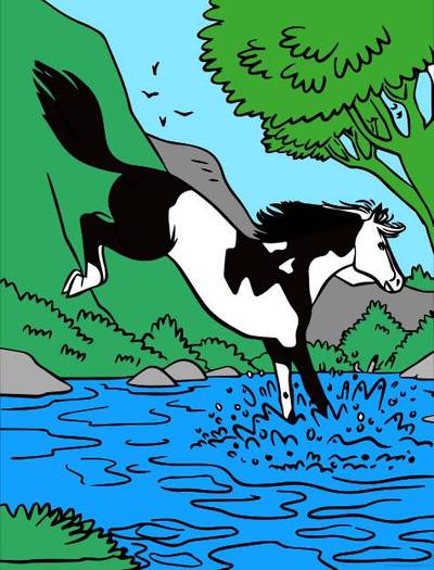 Ausgemalte Version: Pferd am Fluss