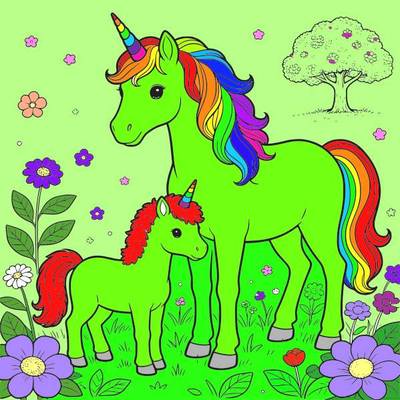 Version coloriée : Licorne et son petit parmi les fleurs