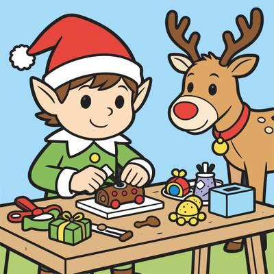 Colored version: Cute elf making toys with reindeer