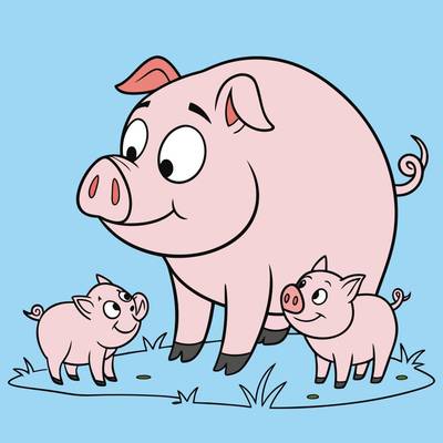 Ausgemalte Version: Schweinefamilie auf der Wiese