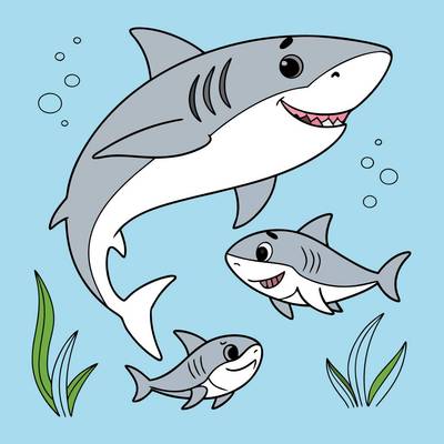 Version coloriée : Maman requin avec ses deux bébés