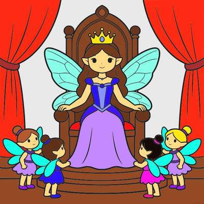 Colored version: Fairy queen on a throne with attendants