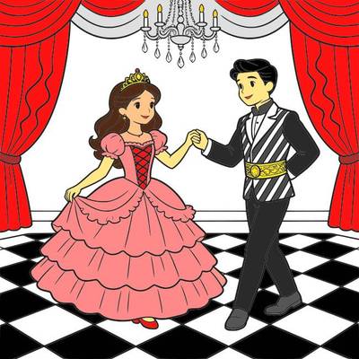 Colored version: Princess and prince dancing at the ball