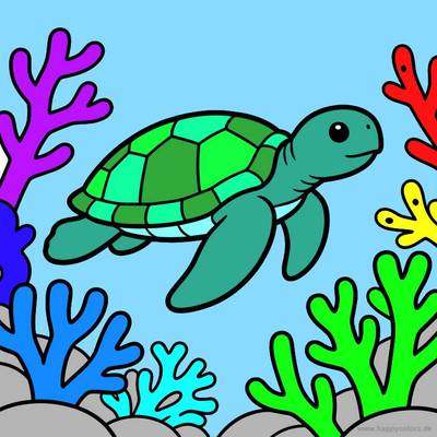 Version coloriée : Tortue de mer dans un récif corallien