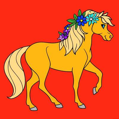 Ausgemalte Version: Pferd mit Blumenmähne