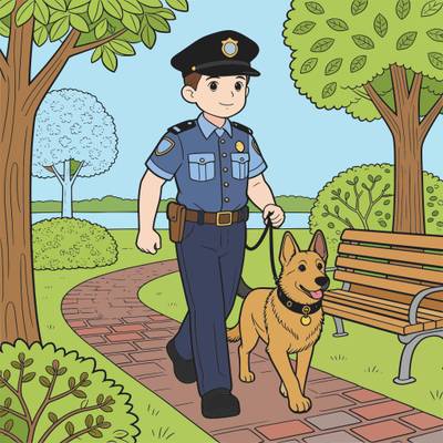 Version coloriée : Policier et chien policier au parc