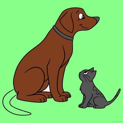 Ausgemalte Version: Hund und Kätzchen sitzen zusammen