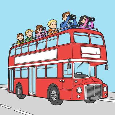 Colored version: Double decker bus with tourists above