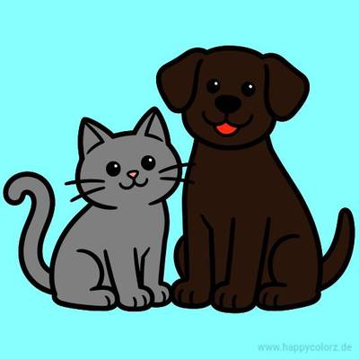 Ausgemalte Version: Katze und Hund in Vorderansicht