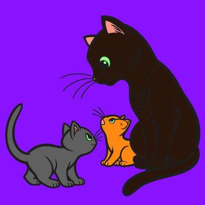 Ausgemalte Version: Katzenmutter im Profil mit zwei Kätzchen