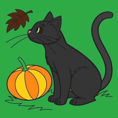 Ausgemalte Version: Halloween-Katze mit Kürbis