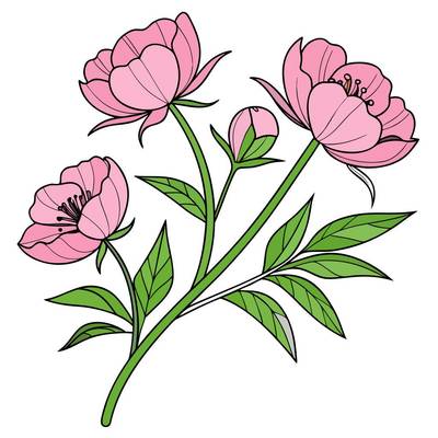 Version coloriée : Branche de pivoines avec fleurs et bouton