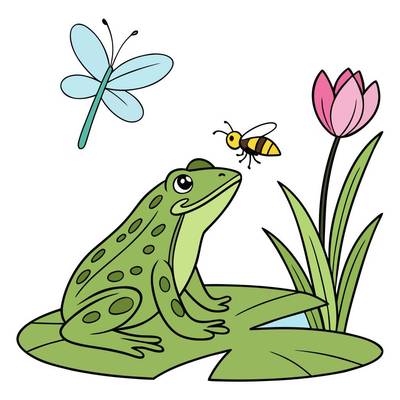 Ausgemalte Version: Frosch auf Seerosenblatt mit Fliege