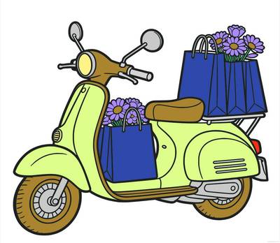 Version coloriée : Scooter vintage avec sacs de fleurs