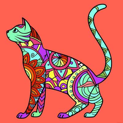 Ausgemalte Version: Zentangle-Katze in Seitenansicht