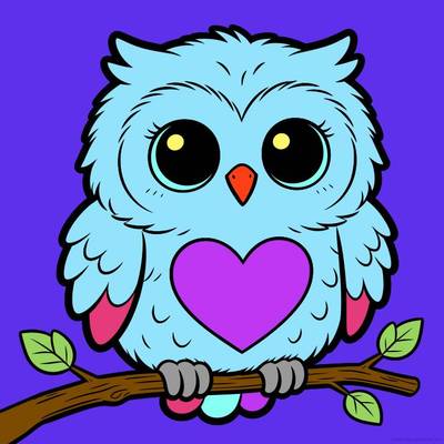 Ausgemalte Version: Kawaii-Eule auf einem Ast