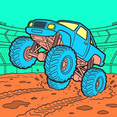 Colored version: Monster truck wheelie in muddy arena
