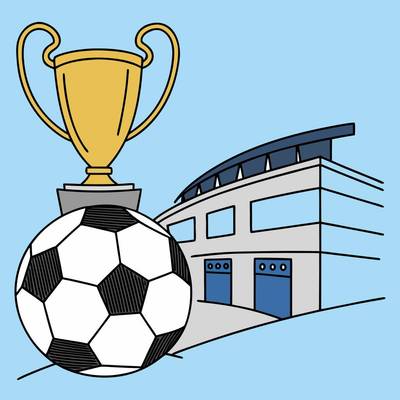 Version coloriée : Trophée, ballon et stade de football