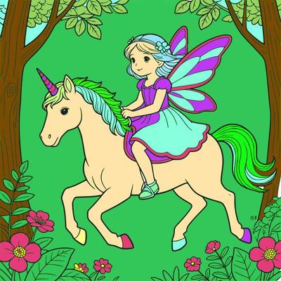 Version coloriée : Fée sur une licorne en forêt