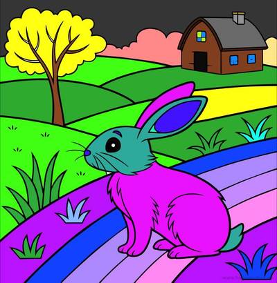 Colored version: Cute rabbit in farm fields