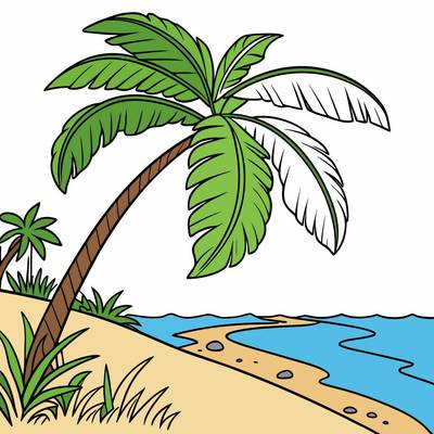 Ausgemalte Version: Palme an einem tropischen Strand