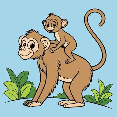 Colored version: Cartoon monkey mother with baby