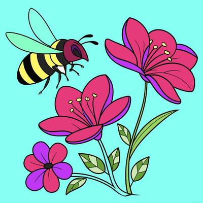 Ausgemalte Version: Einfache Biene mit blühenden Blumen