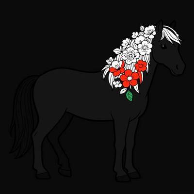 Ausgemalte Version: Stehendes Pferd mit Blumenmähne