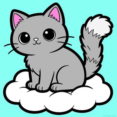 Colored version: Kawaii cat sitting on a cloud